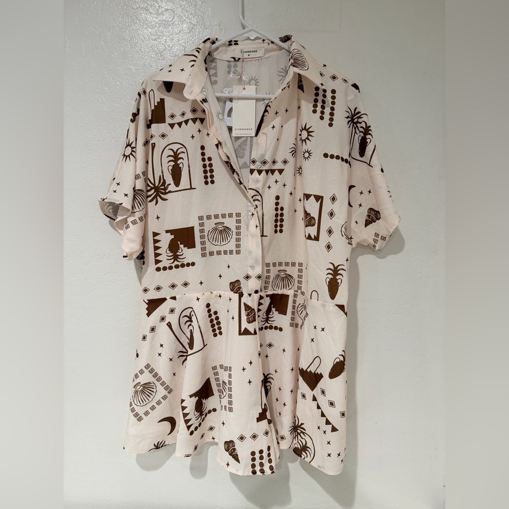 Commense Cream and Brown Sea Animal Patterned Shirt size M